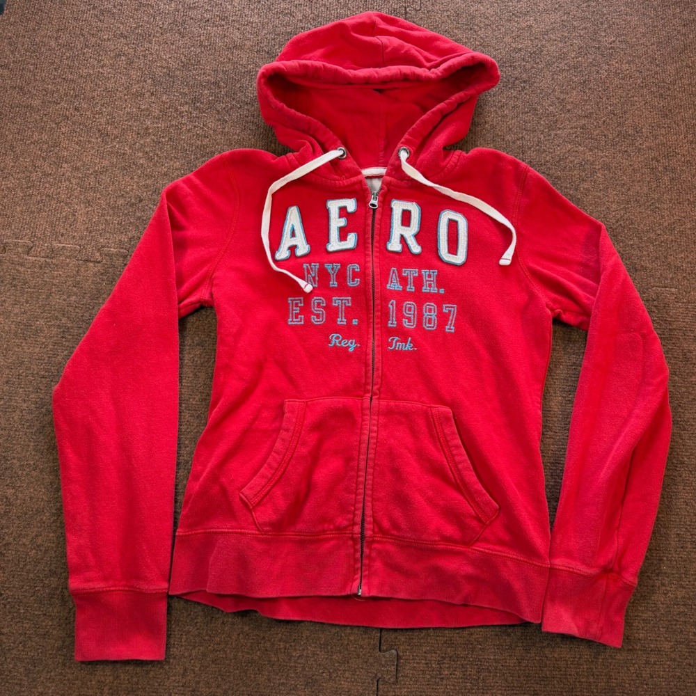Aeropostale Full Zip Hoodie Womens Large Red Graphic NYC Ath Est 1987 Sweatshirt
